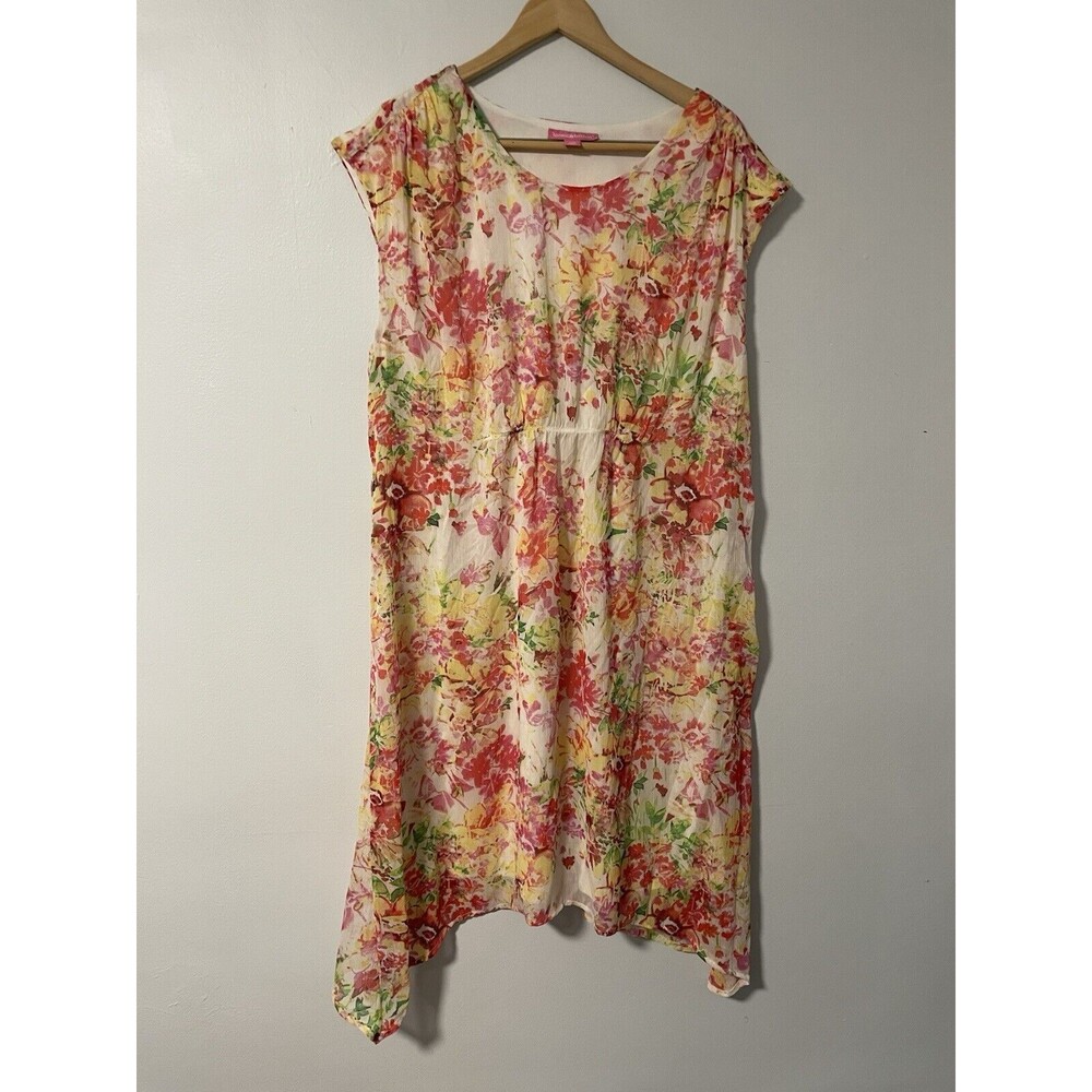Woman Within Pink Yellow Chiffon Floral Dress‎ 20W Curved Hem